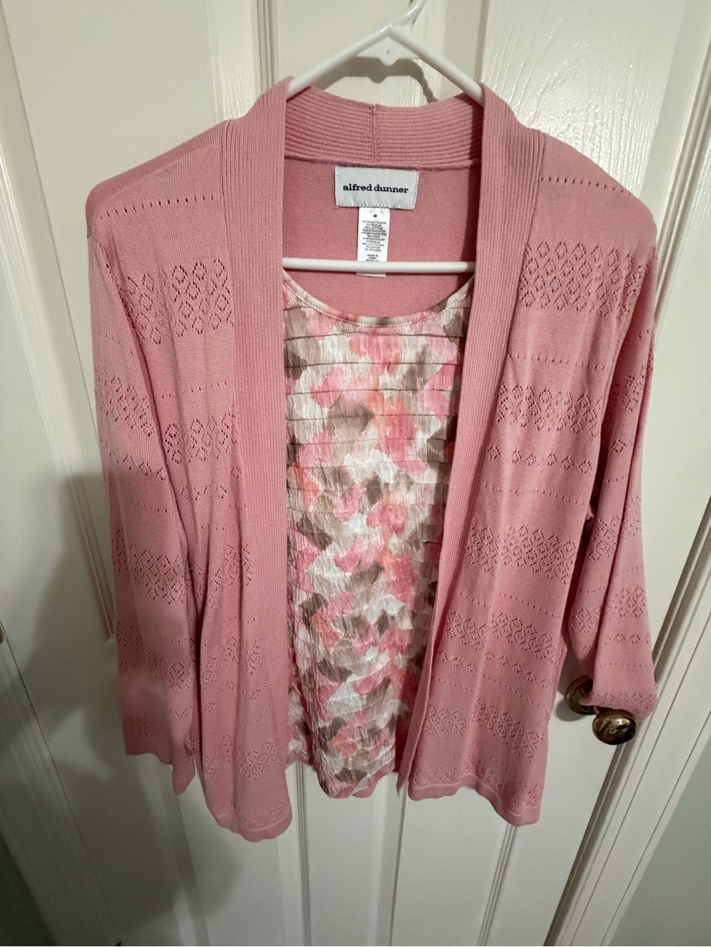 Alfred Dunner Rose-Pink Open-Front Knit Cardigan with Floral Insets